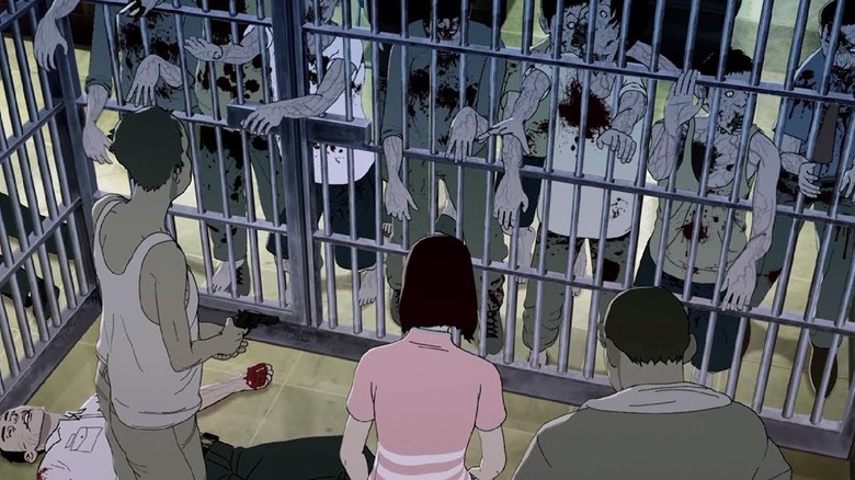 Zombies surrounding people in a jail cell in Seoul Station (2016)