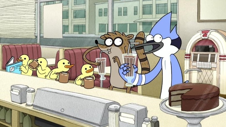 Rigby and Mordecai at a diner with ducklings on Regular Show (2010)