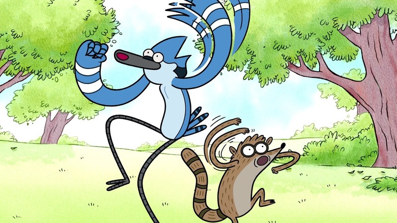 Mordecai and Rigby whooping in the woods on Regular Show (2010)