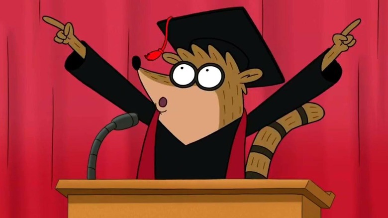 Rigby celebrates in graduation cap and gown on Regular Show (2010)