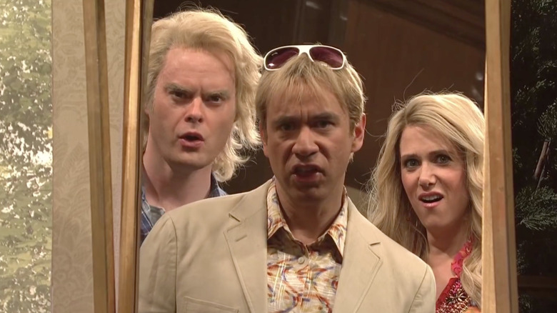 Bill Hader, Fred Armisen, and Kristen Wiig stare at a mirror as Devin, Stuart, and Karina on "SNL" in 2012