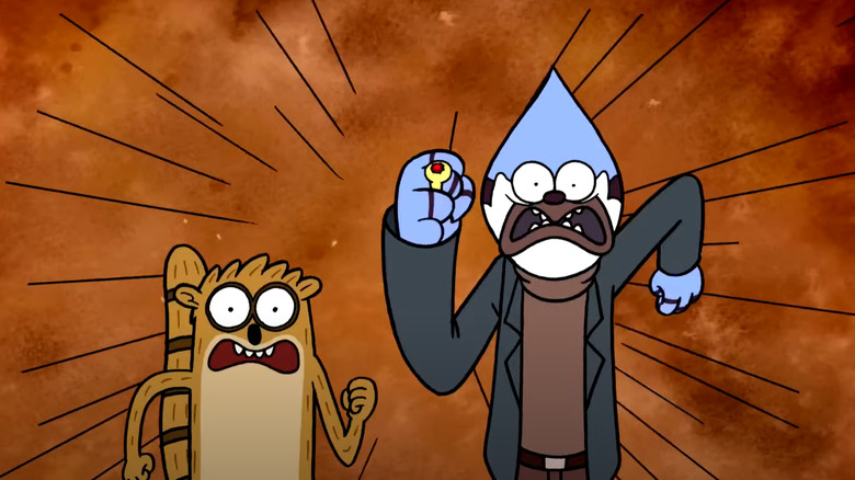 Mordecai and Rigby running forward