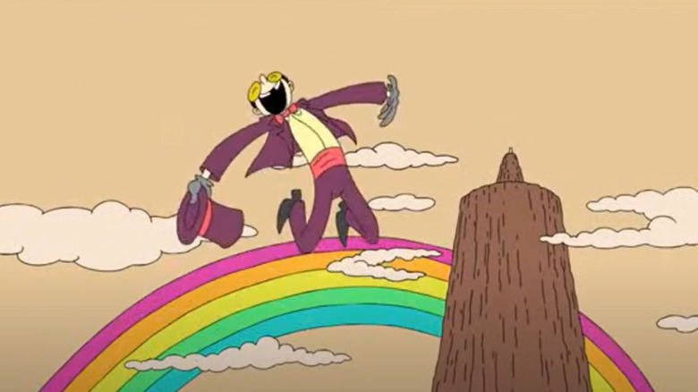 Superjail! Warden jumping over rainbow