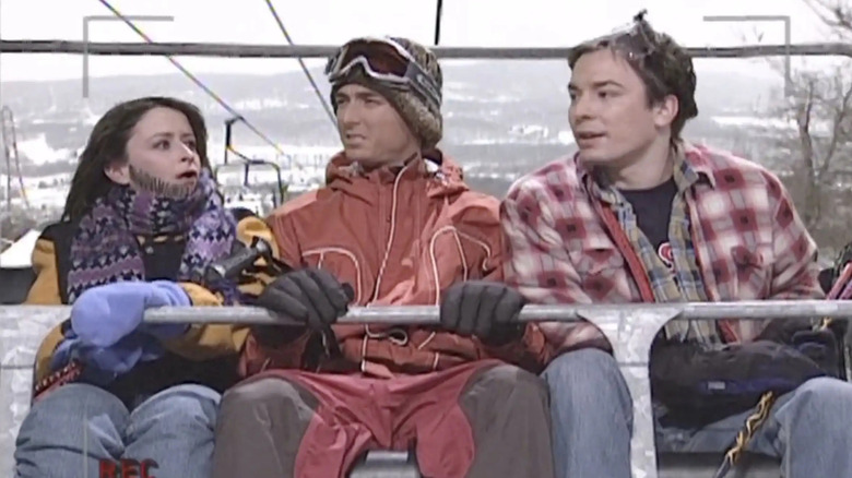 Rachel Dratch, Jonny Moseley, and Jimmy Fallon on a ski lift during a sketch