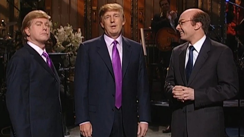 Darrell Hammond as Donald Trump, Donald Trump, and Jimmy Fallon as Jeff Zucker onstage at SNL