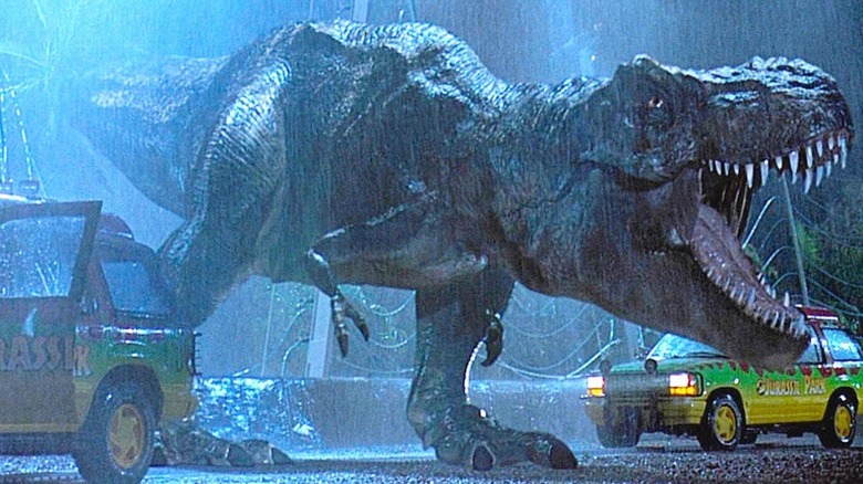 The T-Rex roars in Jurassic Park