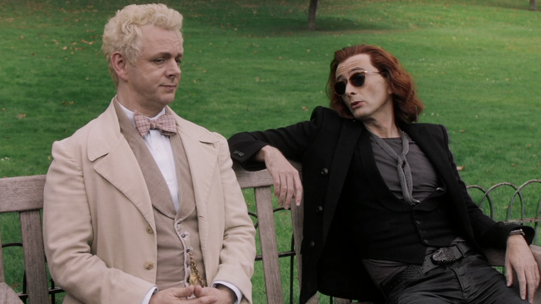 Aziraphale and Crowley on a bench