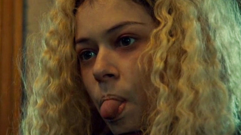 Helena sticks out her tongue