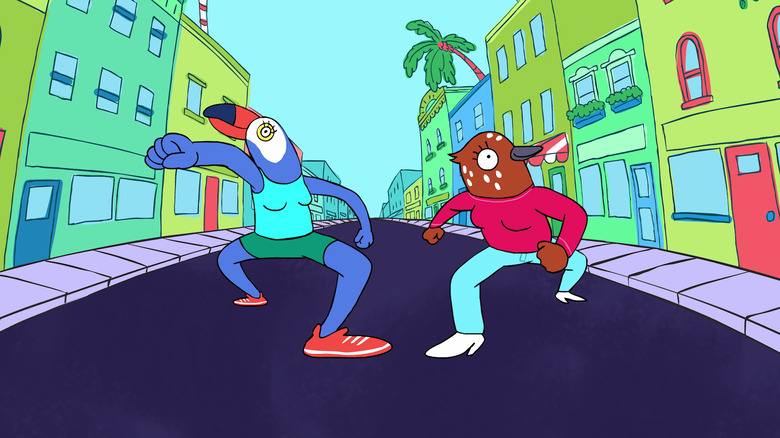 Tuca and Bertie walk down the street