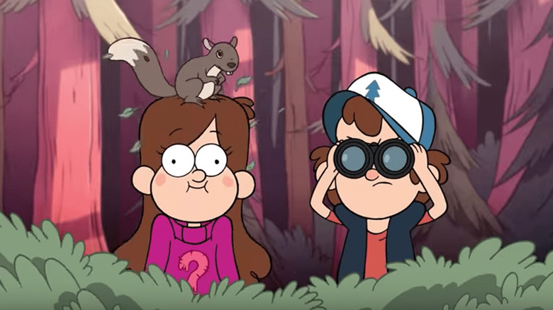 Dipper and Mable look out at the forest