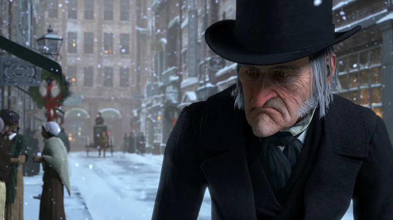 Scrooge walking down a snowy street