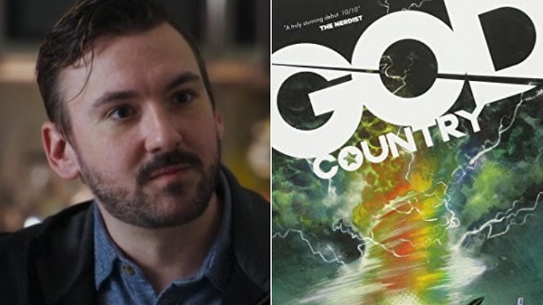 Donny Cates at an event and the cover of his comic book God Country