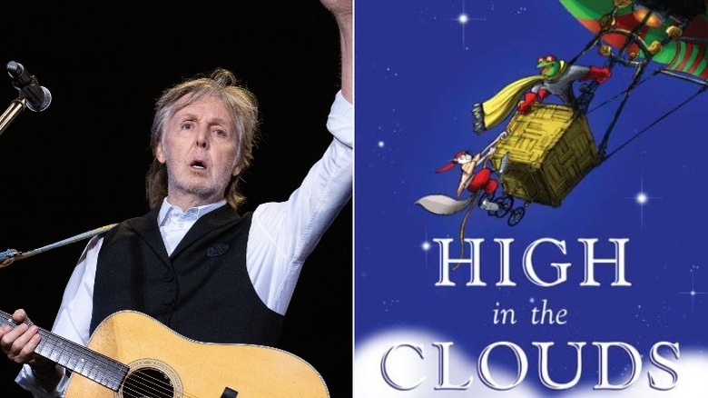 Paul McCartney playing guitar at a concert and the cover of his book High in the Clouds