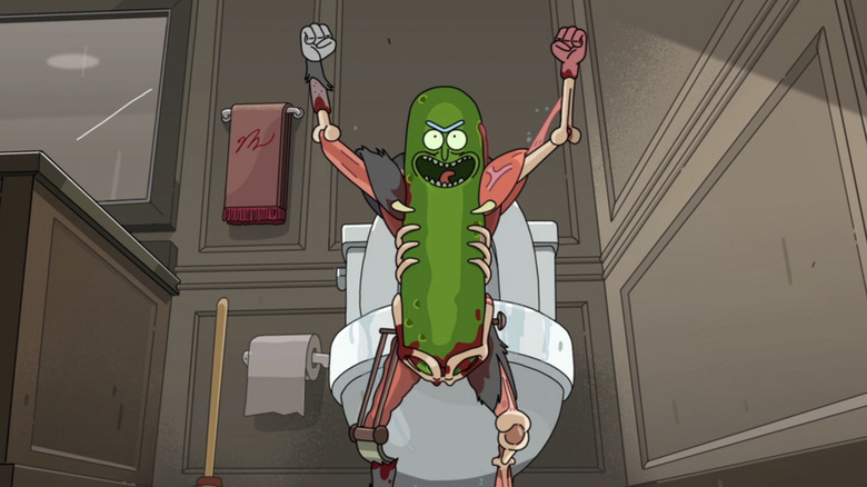 Pickle Rick emerges from the toilet and yells his catch phrase