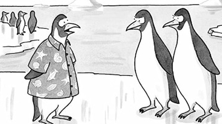 New Yorker Cartoon showing a penguin in a Hawaiian shirt