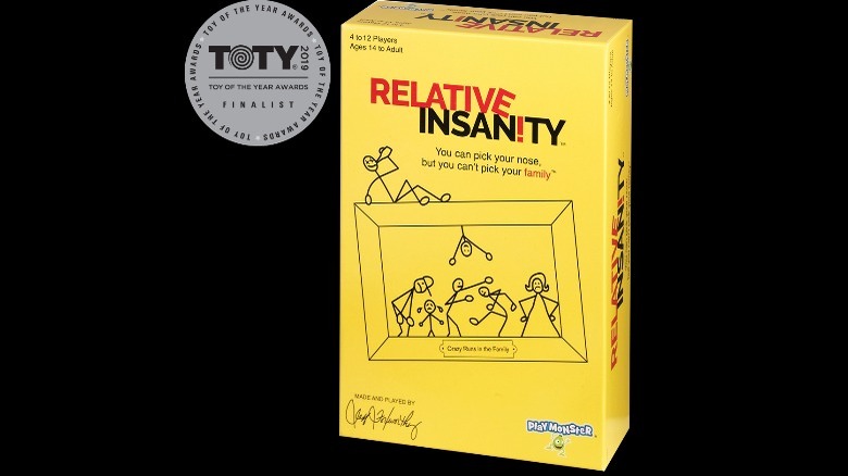 Relative Insanity game box, depicting rowdy stick figures in a picture frame