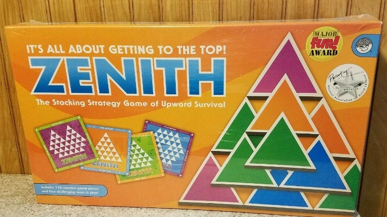 Zenith board game box, showing triangular tiles stacked on top of each other