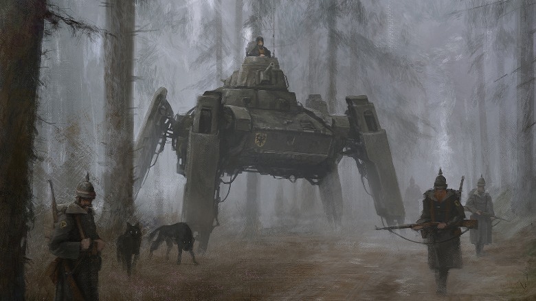 Illustration from Scythe: soldiers and mechanical walker in forest