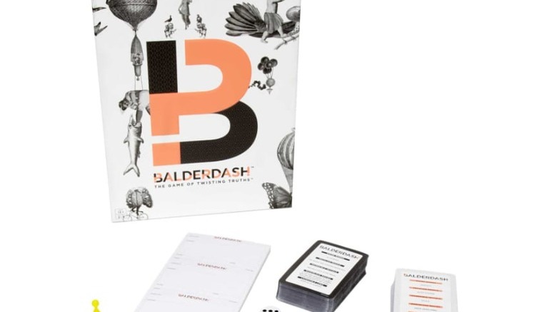 Balderdash game box (showing black-and-white caricature illustrations) and playing cards