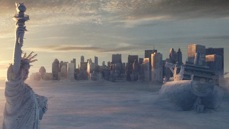 Statue of Liberty and a boat frozen in New York