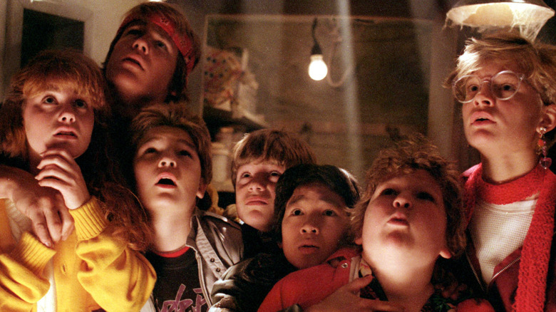 Kids of The Goonies all look up in shock