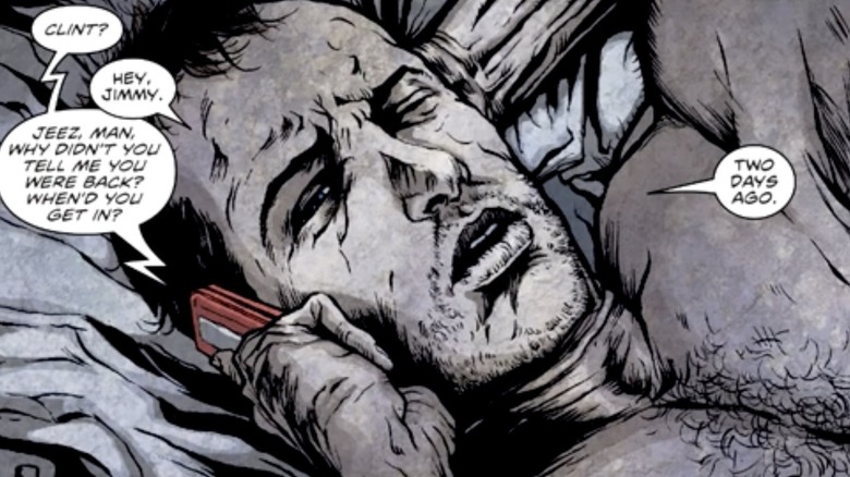 Clint talking on the phone in bed