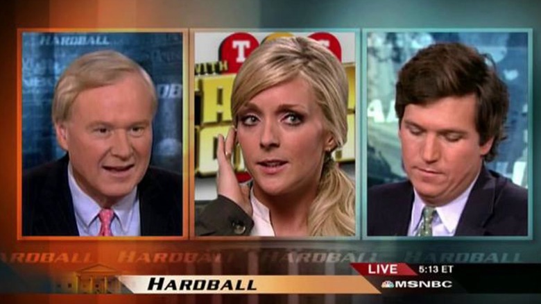 Chris Matthews, Jenna Maroney, and Tucker Carlson speak on a TV panel 