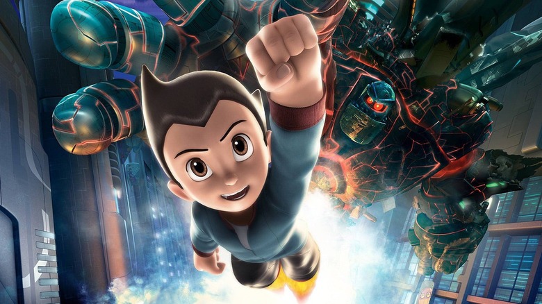 Astro Boy flying past giant robot