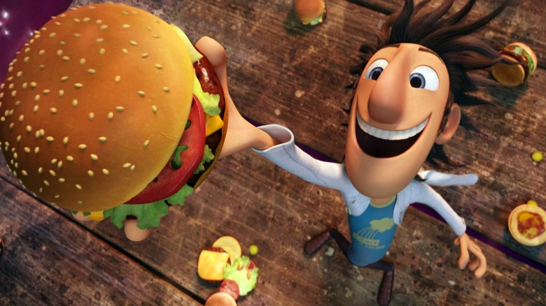 Flint Lockwood catches a hamburger