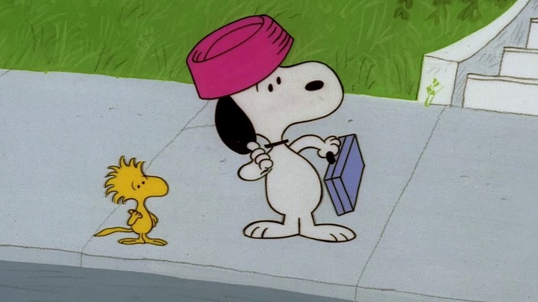 Snoopy and Woodstock hitchhiking