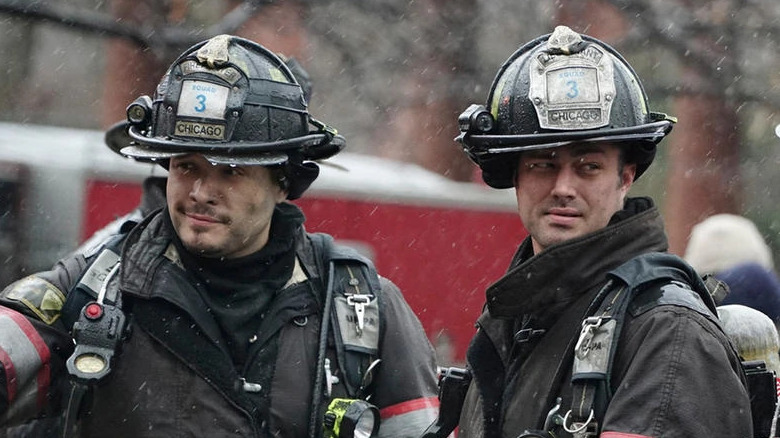 Two firefighters in the rain  Chicago Fire