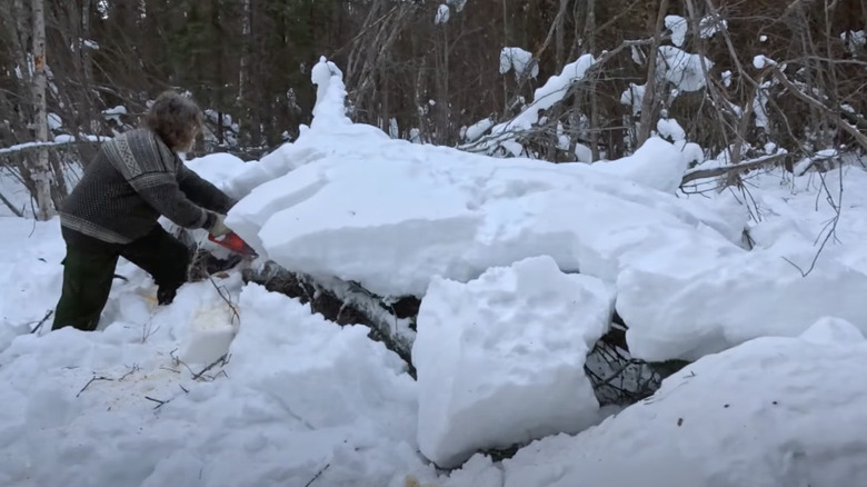 Marty chainsawing a log 