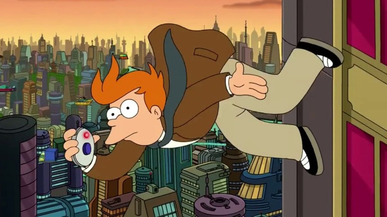 Fry falling wearing suit