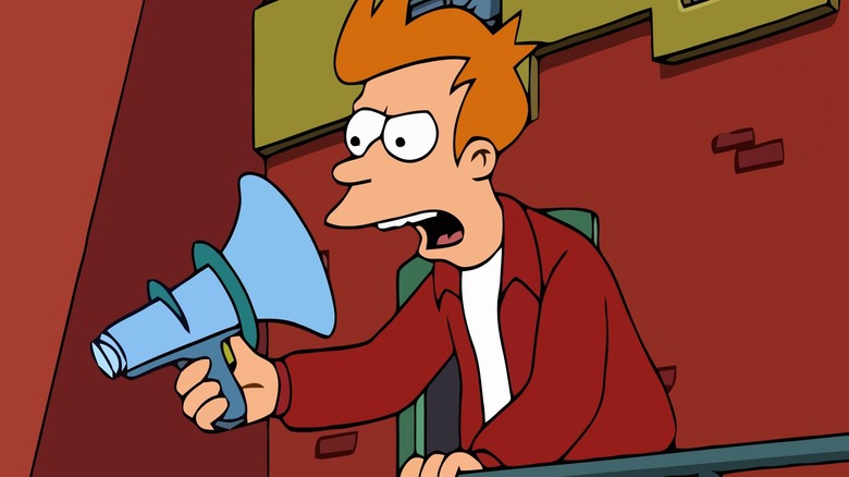 Fry yelling into megaphone backwards