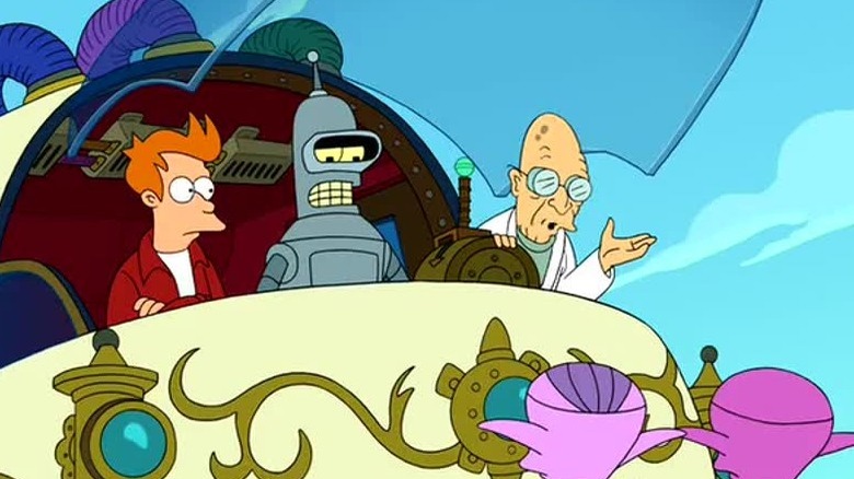 Fry, Bender, Farnsworth with aliens