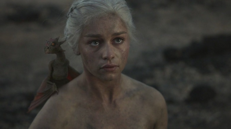 Daenerys with dragon on shoulder