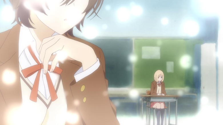 Lights sparkle around Tomoka Kase and Yui Yamada in class in "Kase-san and Morning Glories" (2018)