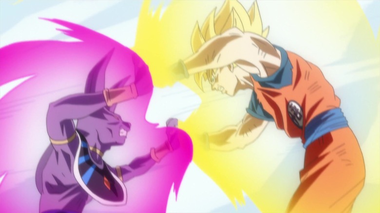 Goku grapples with Beerus