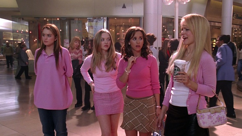 Cady Heron, Karen Smith, Gretchen Wieners, and Regina George look shocked at mall