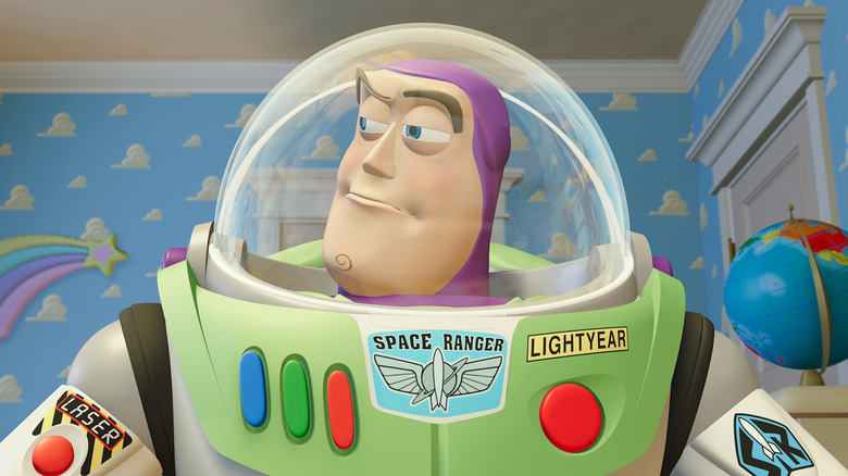 Buzz Lightyear raises eyebrow looks to side