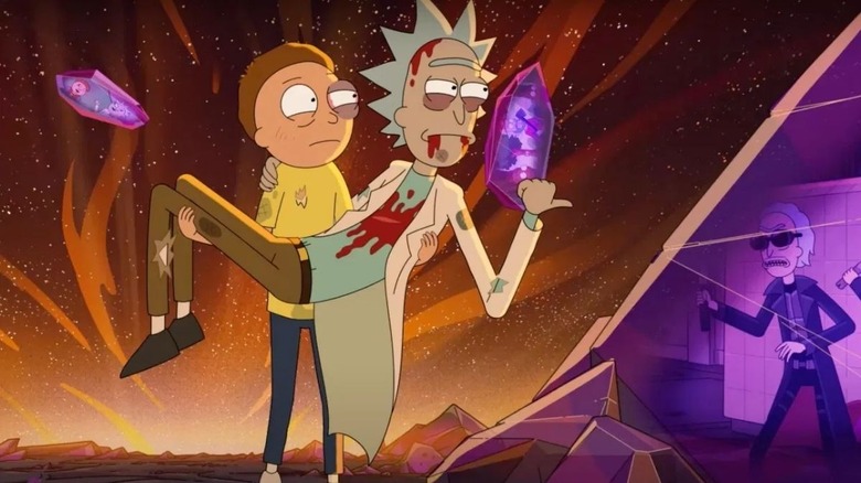 Morty helps an injured Rick to safety