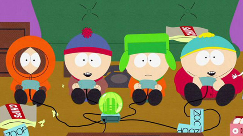 Stan, Kyle, Kenny and Cartman playing video games