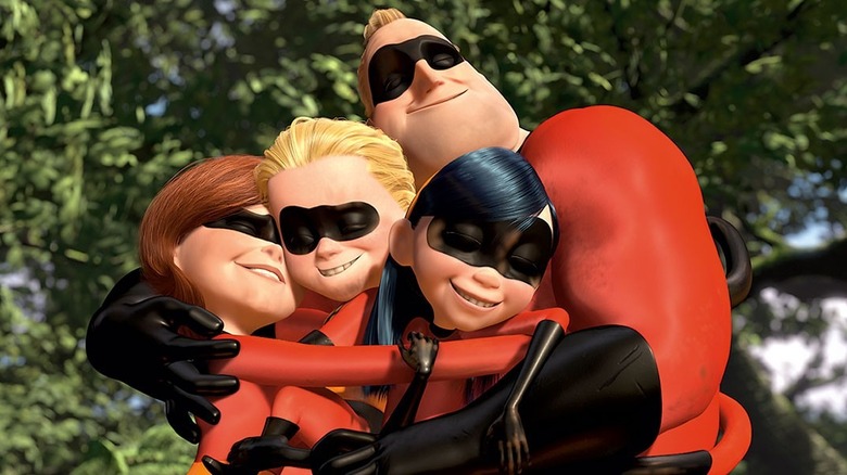 The Parr family hugs in The Incredibles