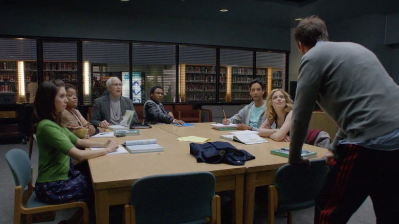 The cast of Community in study room