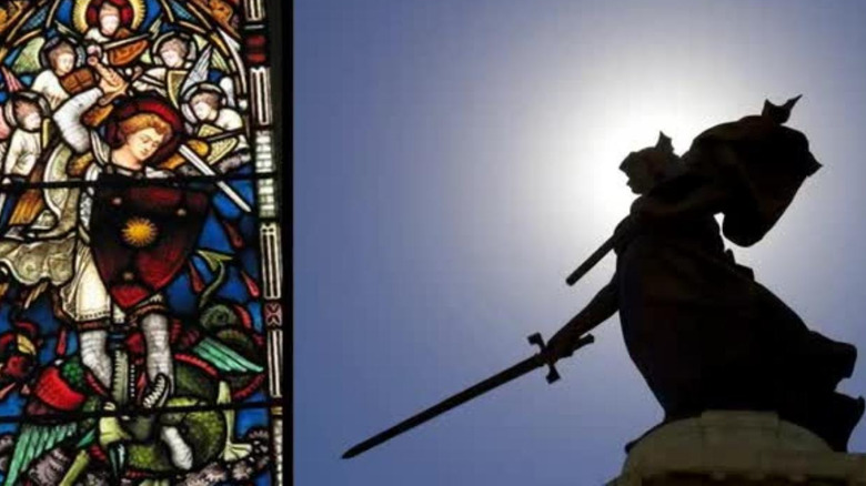 Statue and stained glass window