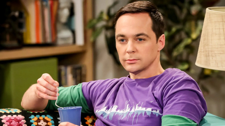 Sheldon contemplating with tea on The Big Bang Theory