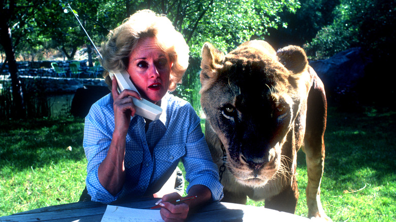 Tippi Hedren talking on the phone next to a lion in an animal preserve in 1983