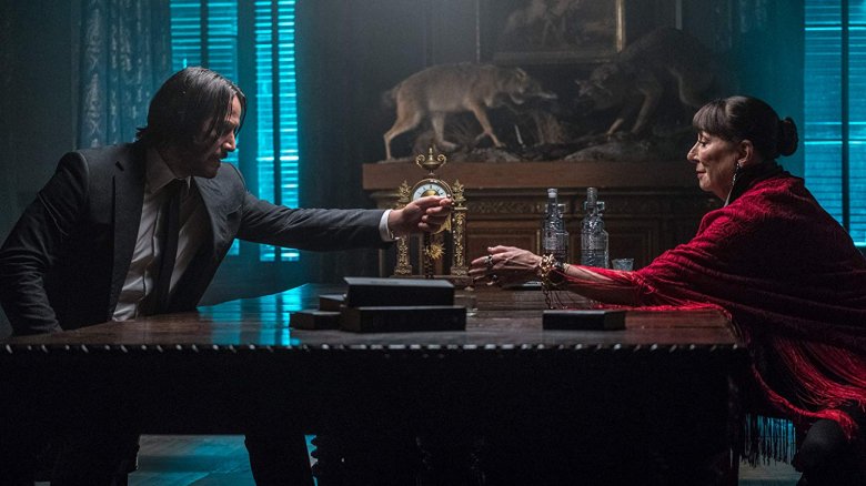 Keanu Reeves and Anjelica Huston in John Wick Chapter 3 Parabellum