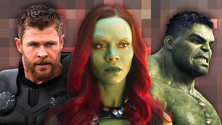 Thor, Gamora, and Hulk with pixelated background