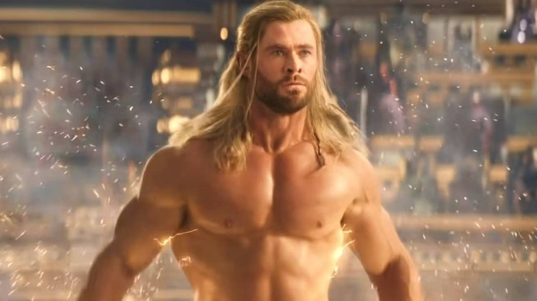 shirtless Thor in front of audience